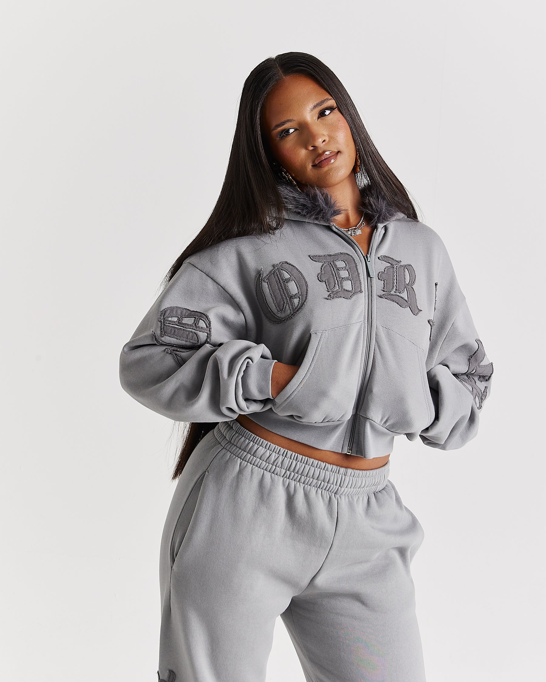 Drea Faux Fur Cropped Boxy Hoodie - Grey