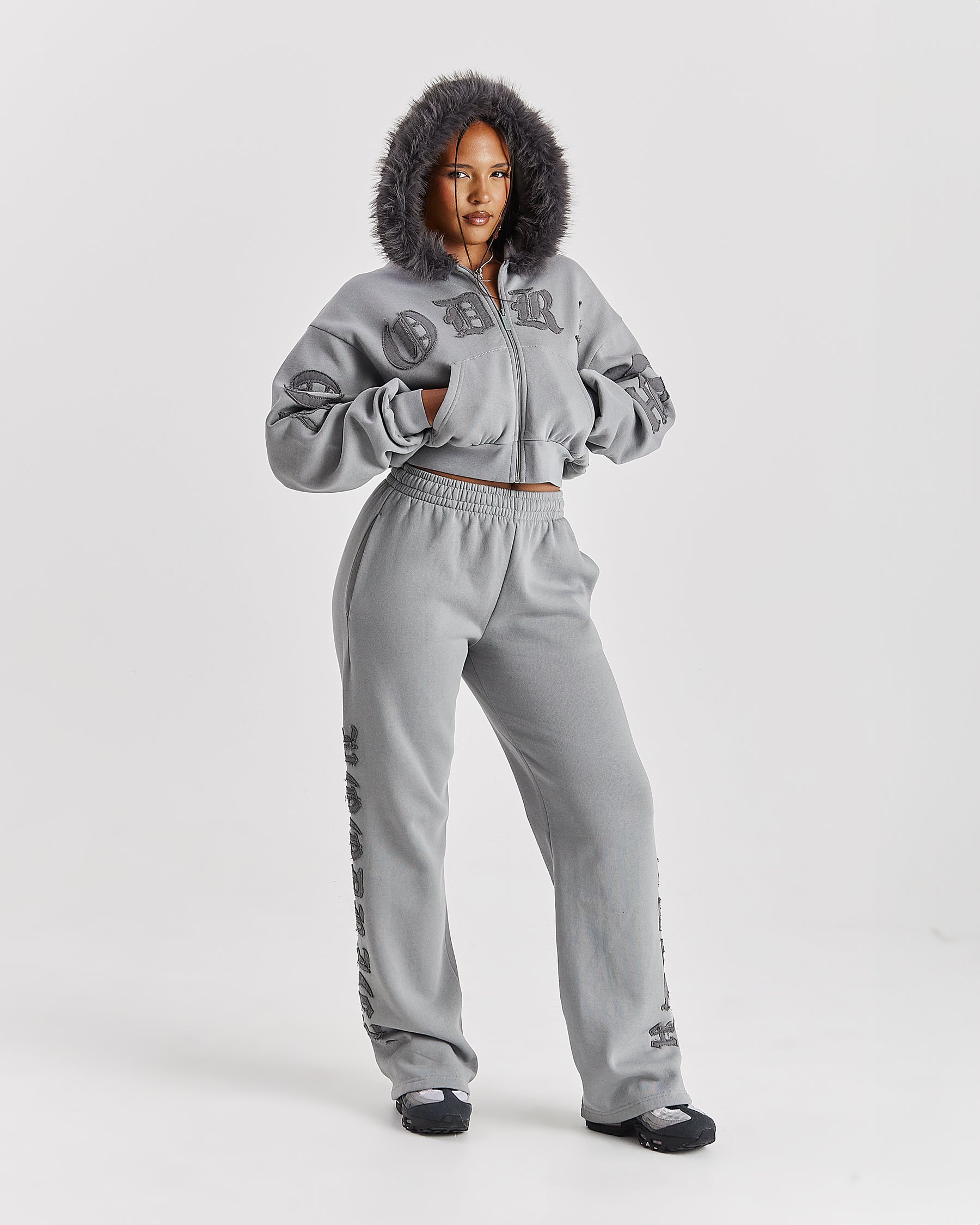 Drea Faux Fur Cropped Boxy Hoodie - Grey