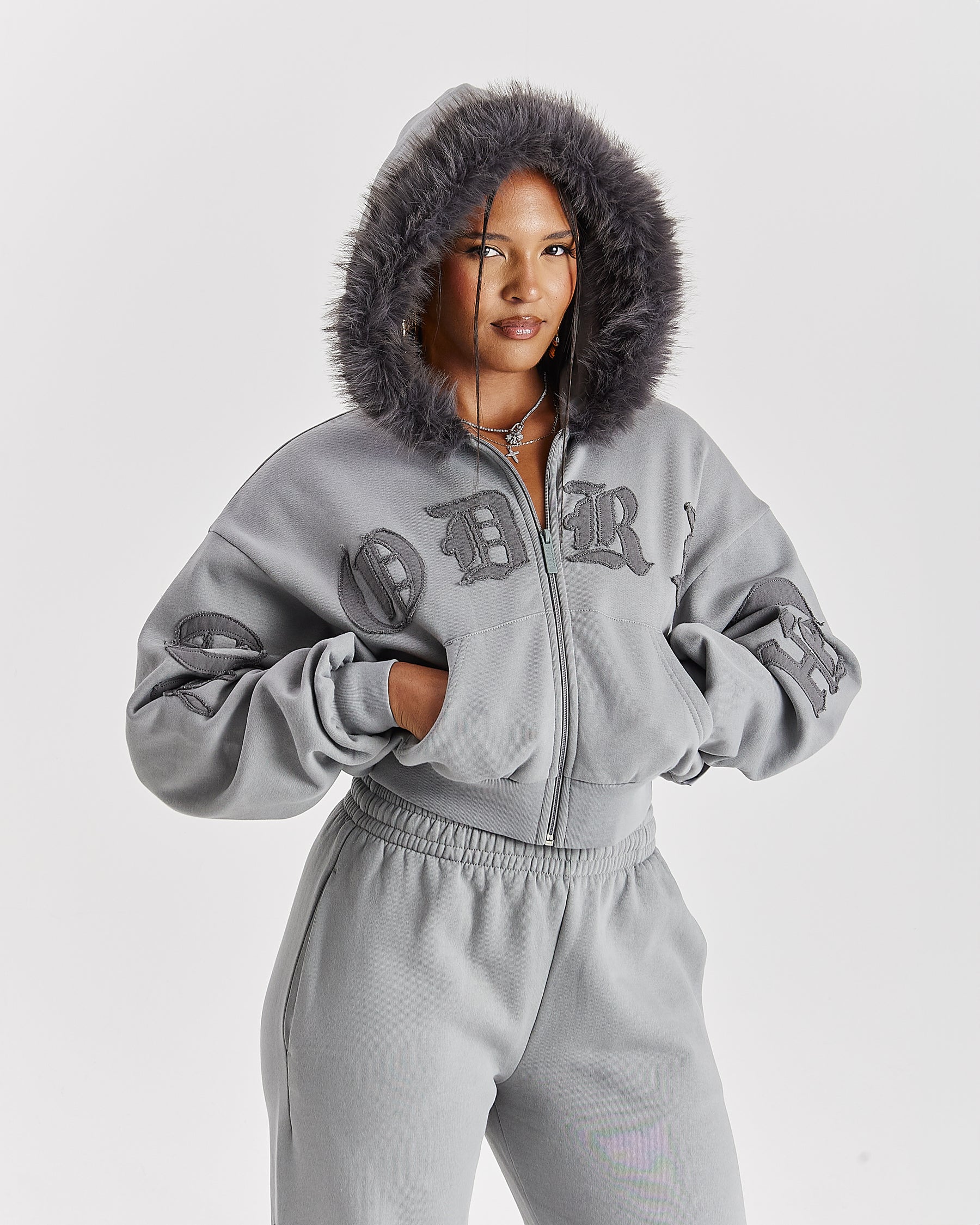 Drea Faux Fur Cropped Boxy Hoodie - Grey