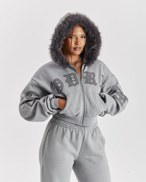Drea Faux Fur Cropped Boxy Hoodie - Grey