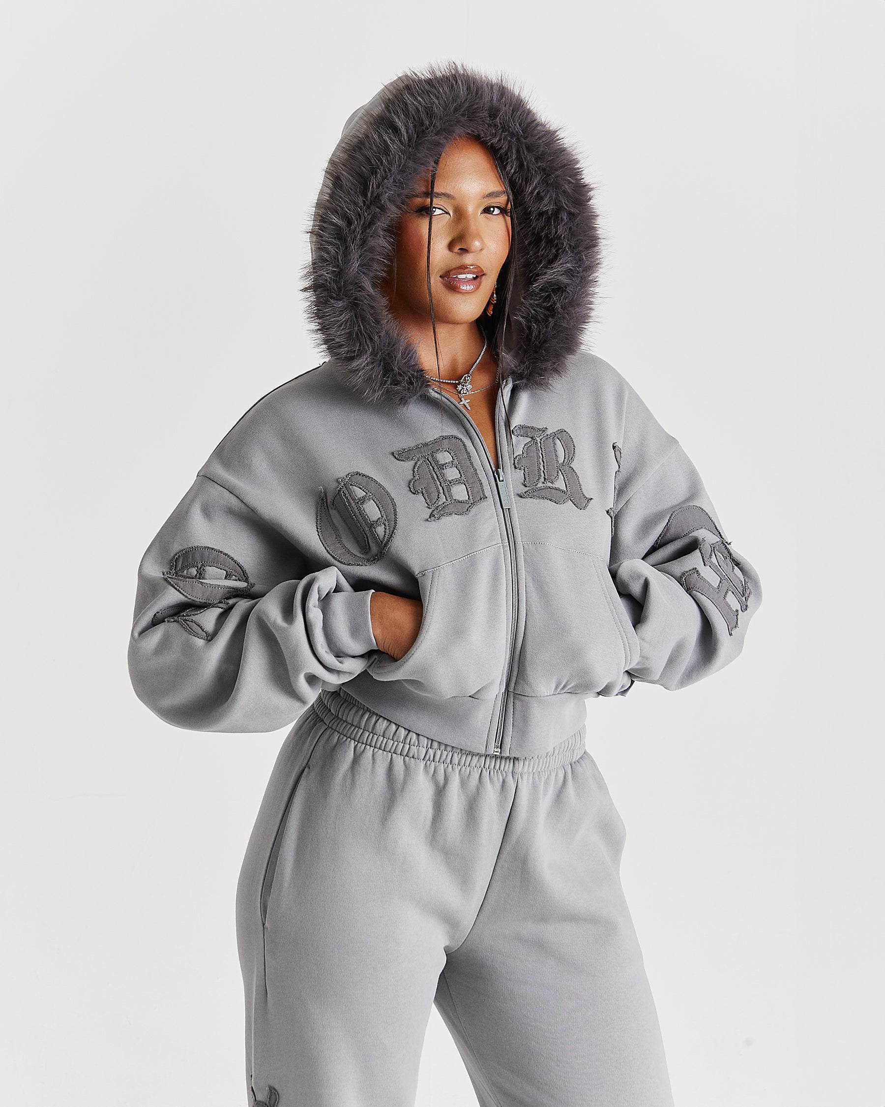 Drea Faux Fur Cropped Boxy Hoodie - Grey