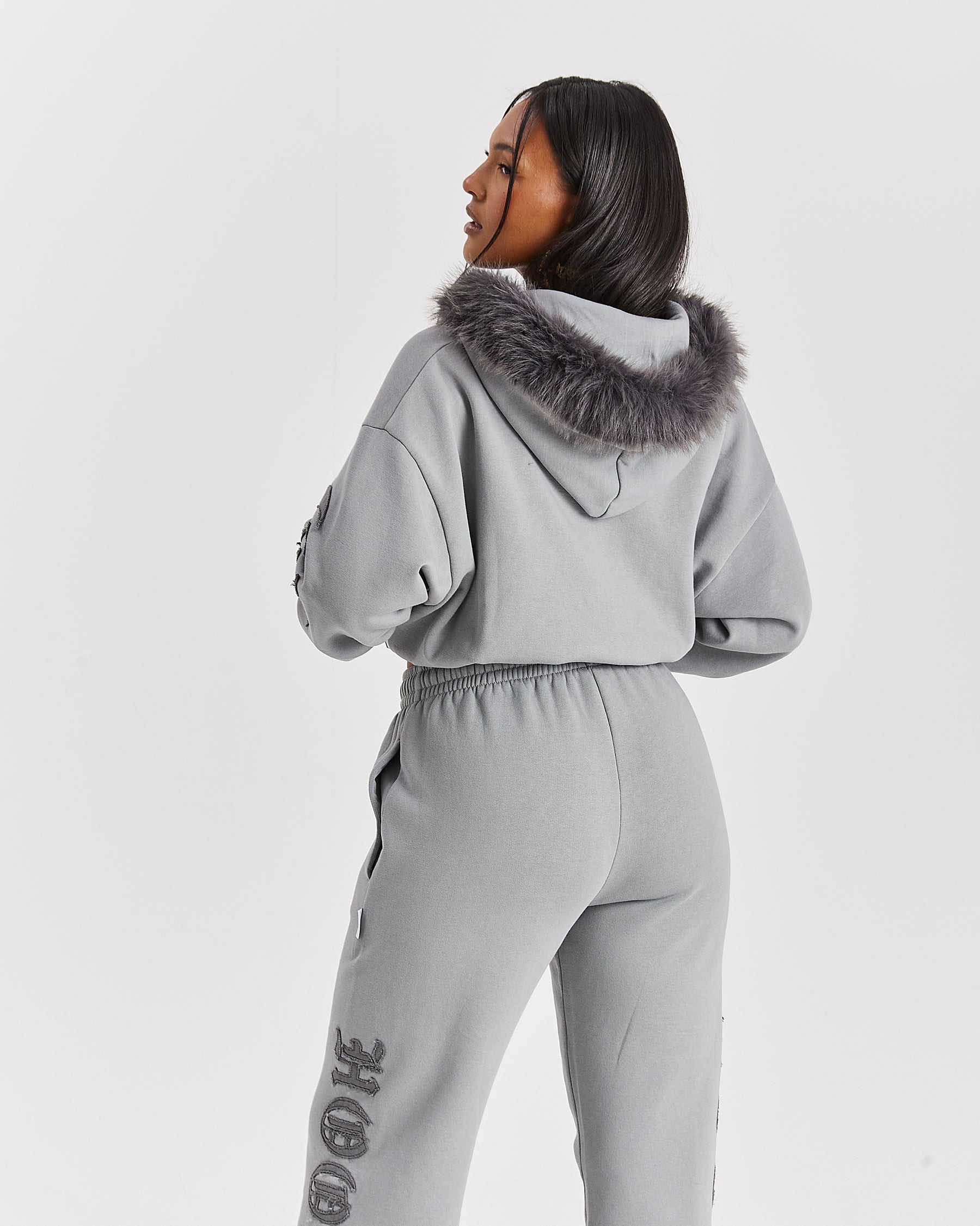 Drea Faux Fur Cropped Boxy Hoodie - Grey