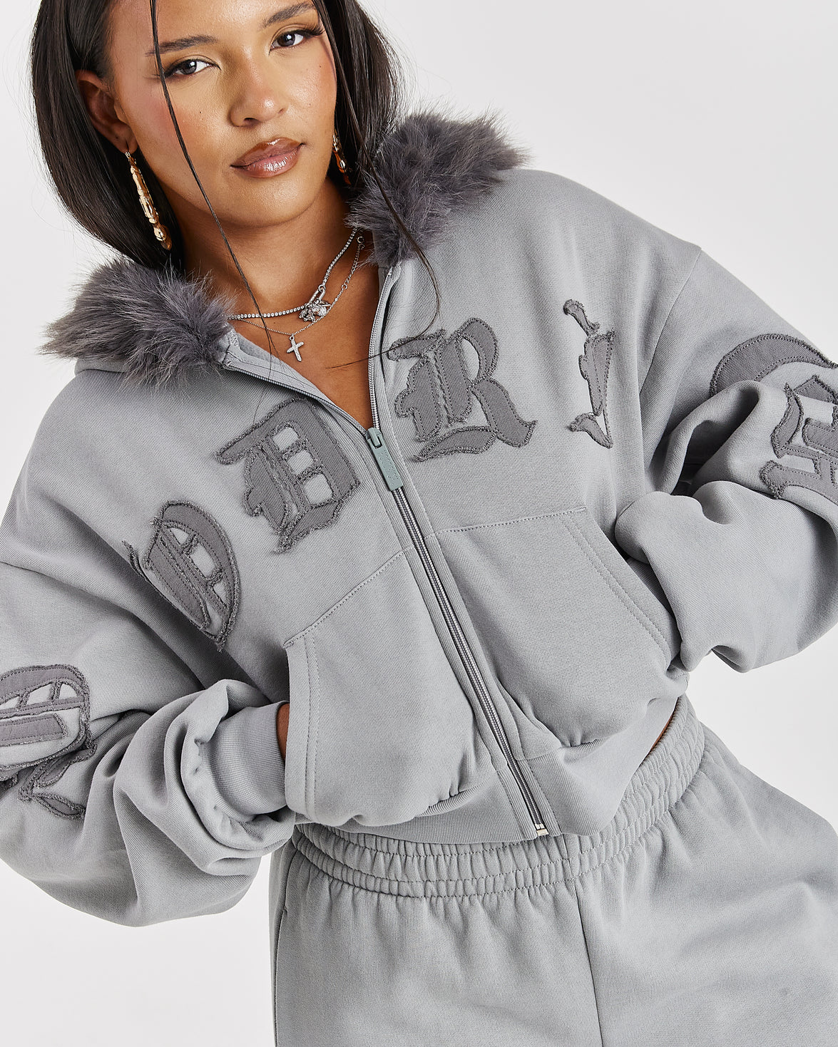 Drea Faux Fur Cropped Boxy Hoodie - Grey