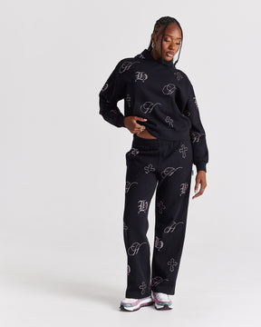 Crystal Mid Length Hoodie - Black/Pink Rhinestone