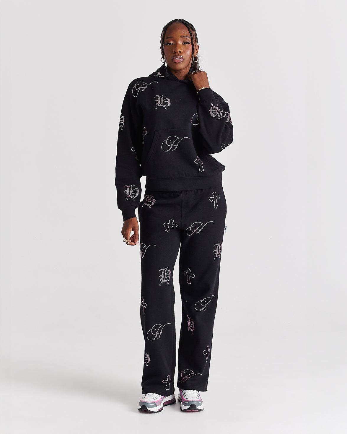 Crystal Wide Leg Jogger - Black/Pink Rhinestone