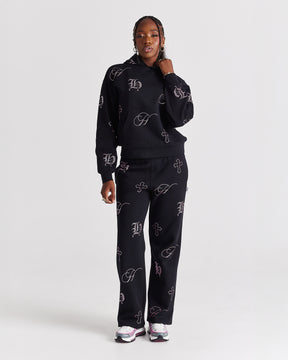 Crystal Wide Leg Jogger - Black/Pink Rhinestone