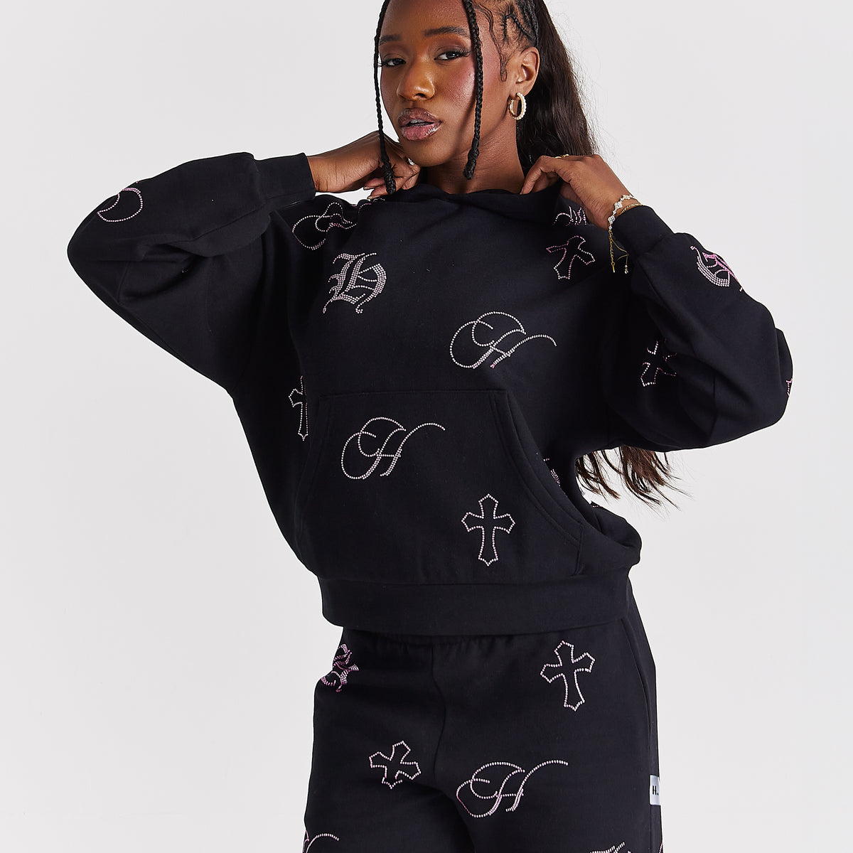 Crystal Mid Length Hoodie - Black/Pink Rhinestone