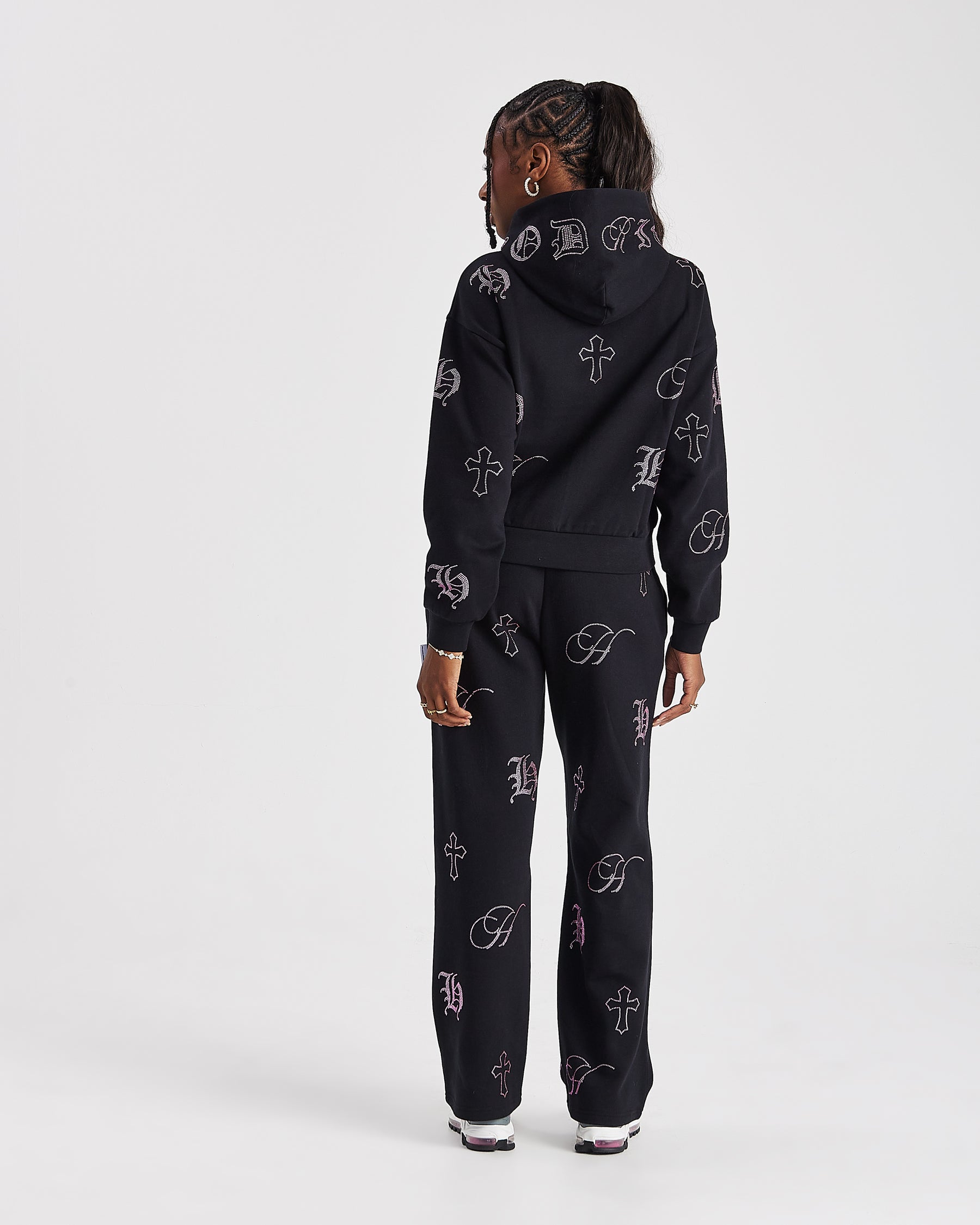 Crystal Mid Length Hoodie - Black/Pink Rhinestone