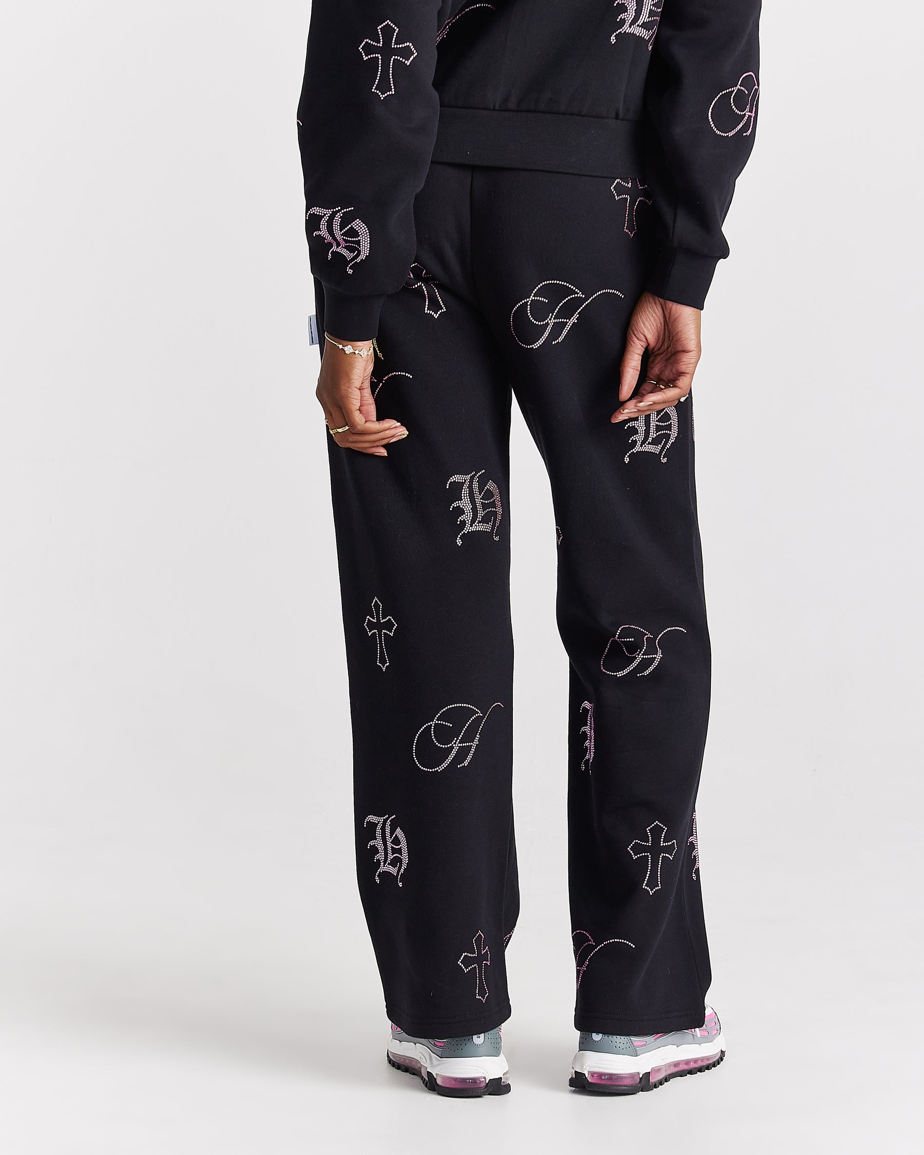 Crystal Wide Leg Jogger - Black/Pink Rhinestone