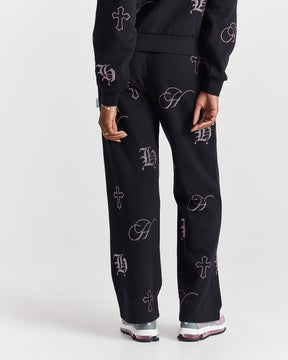 Crystal Wide Leg Jogger - Black/Pink Rhinestone