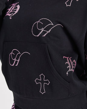 Crystal Mid Length Hoodie - Black/Pink Rhinestone