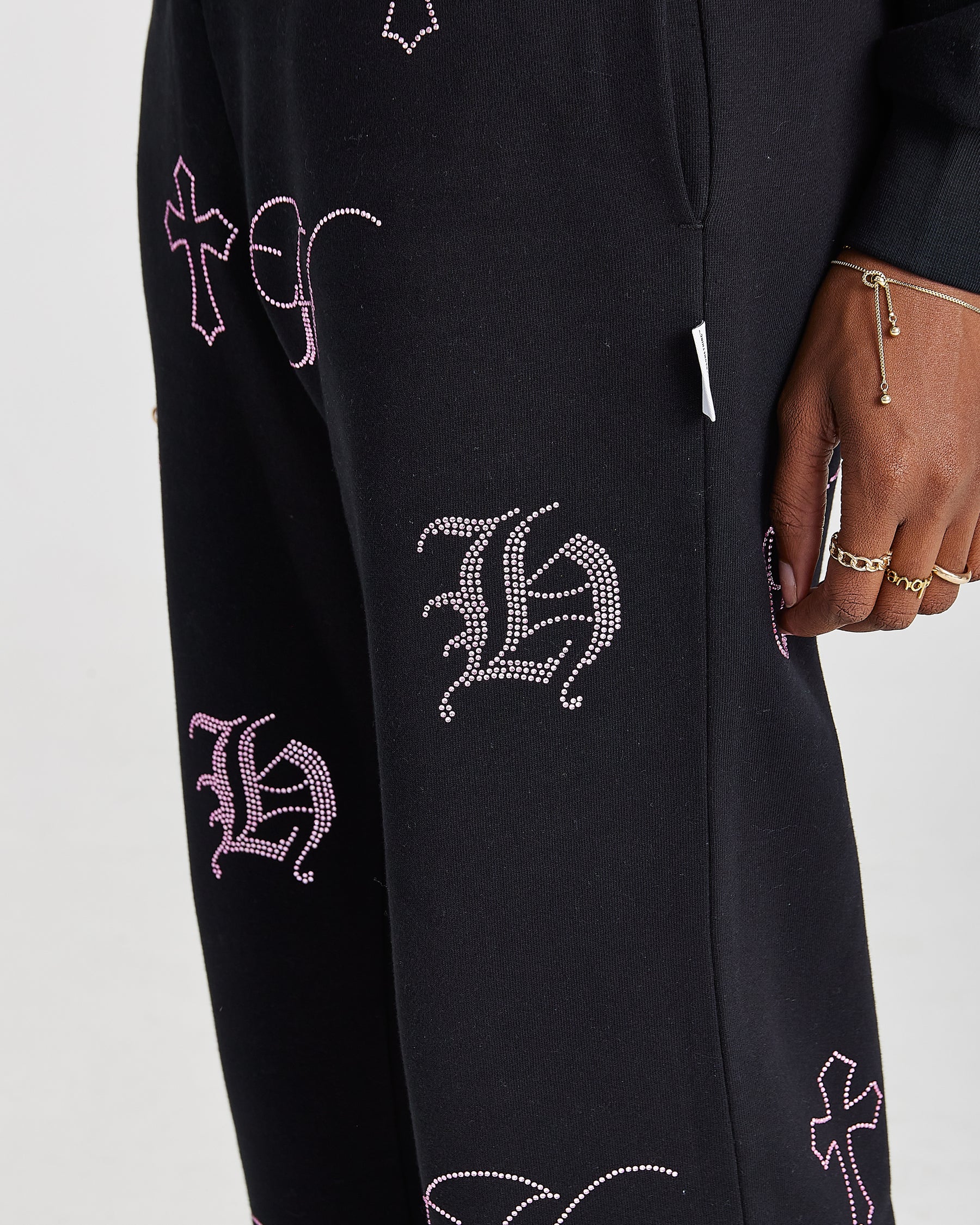 Crystal Wide Leg Jogger - Black/Pink Rhinestone