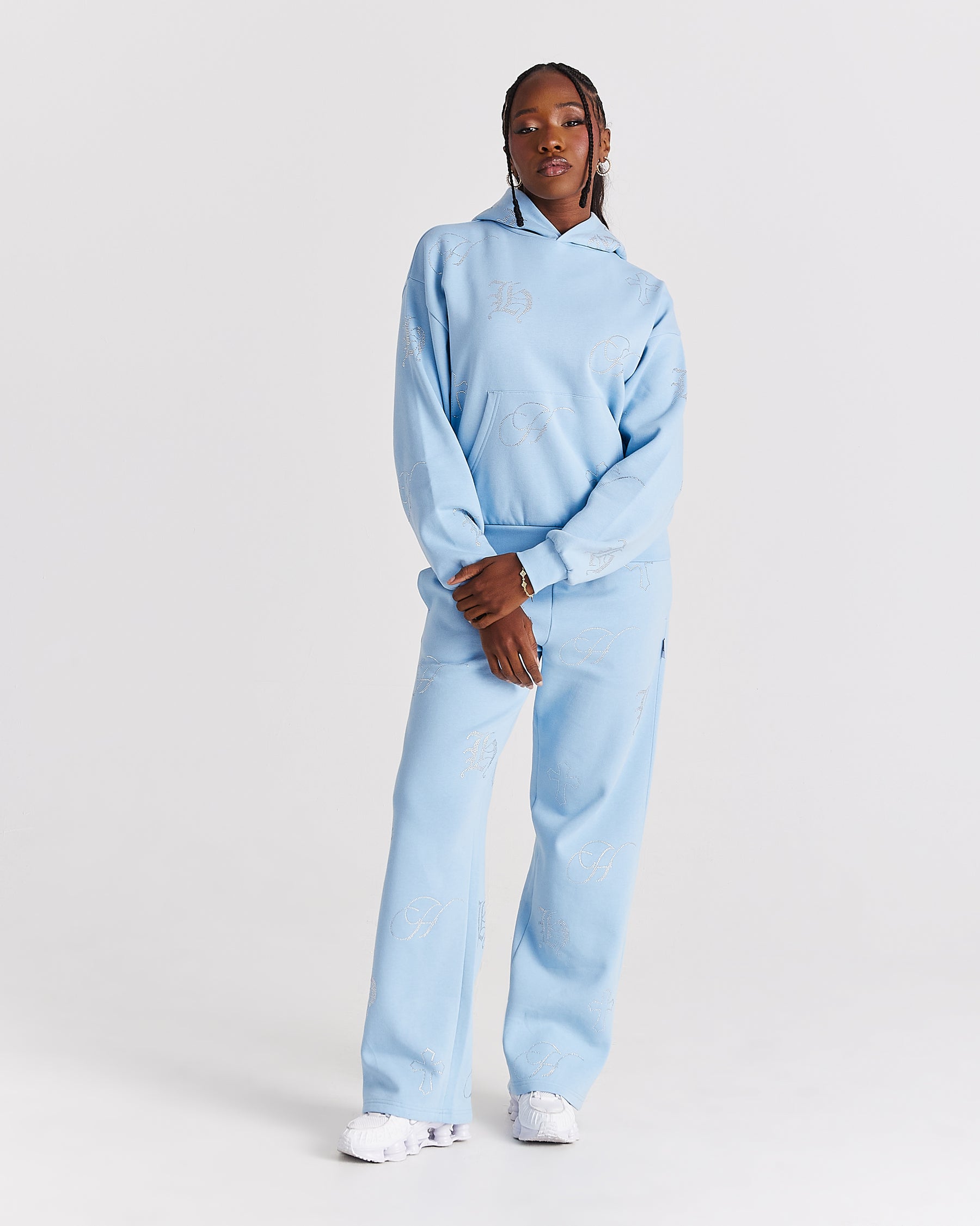 Crystal Mid Length Hoodie - Light Blue/Rhinestone