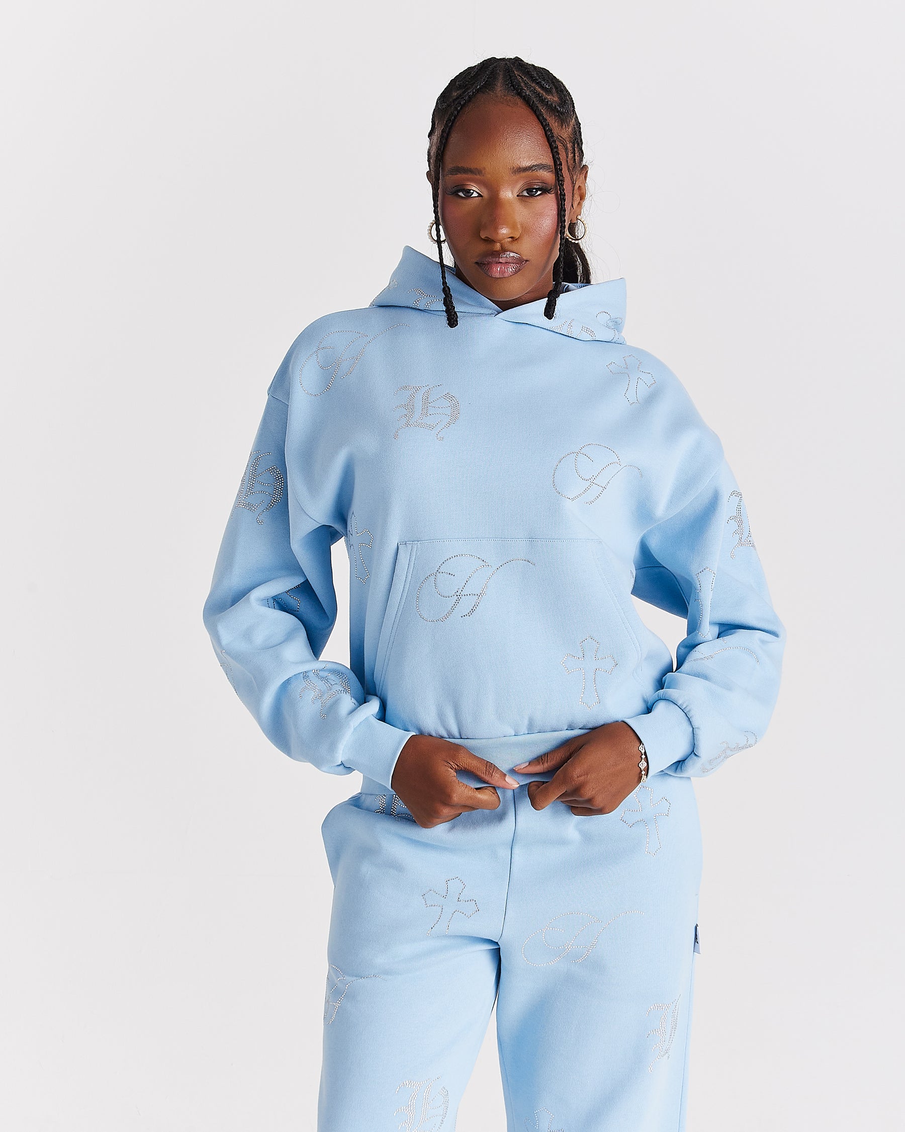Crystal Mid Length Hoodie - Light Blue/Rhinestone