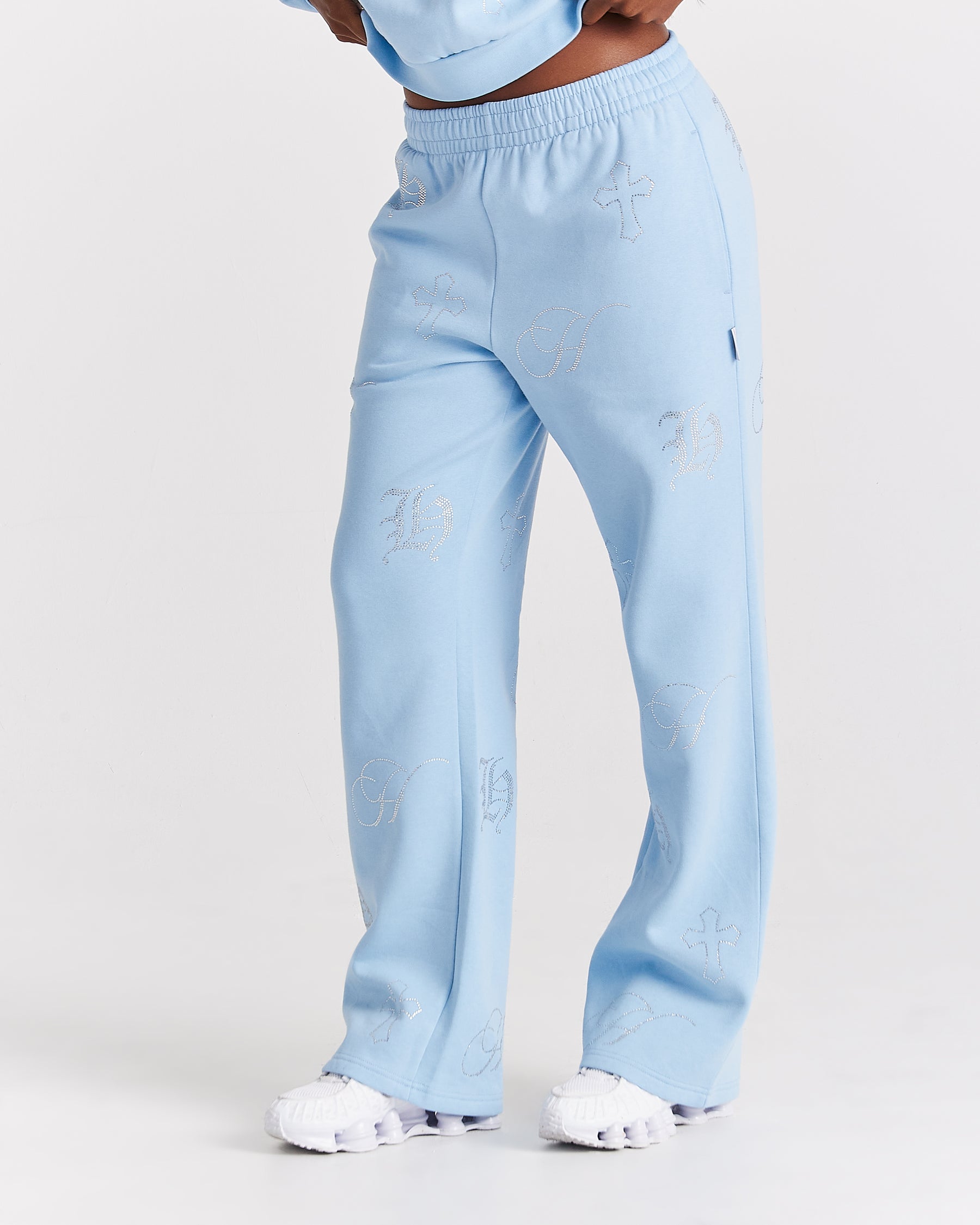 Crystal Wide Leg Jogger - Light Blue/Rhinestone