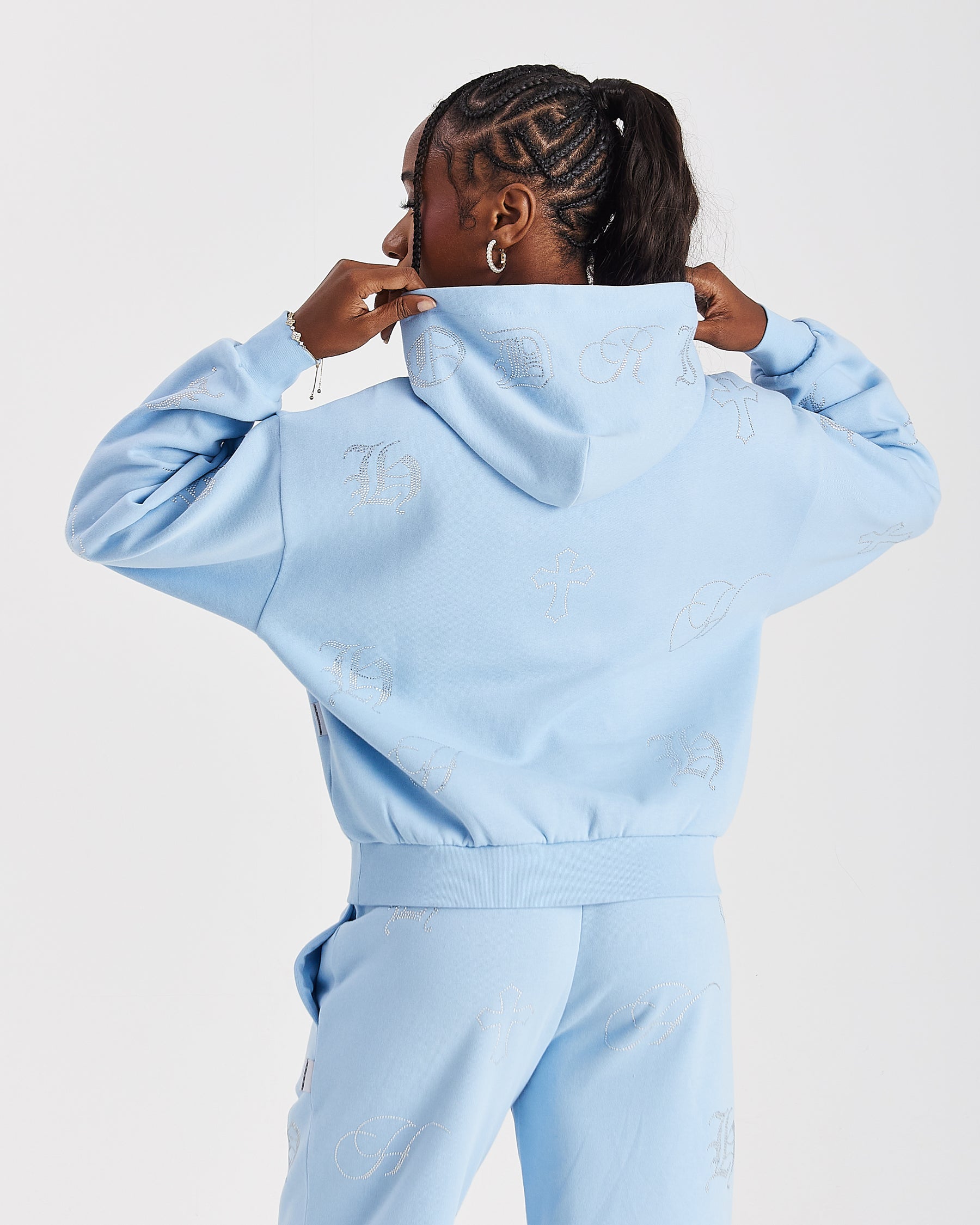 Crystal Mid Length Hoodie - Light Blue/Rhinestone