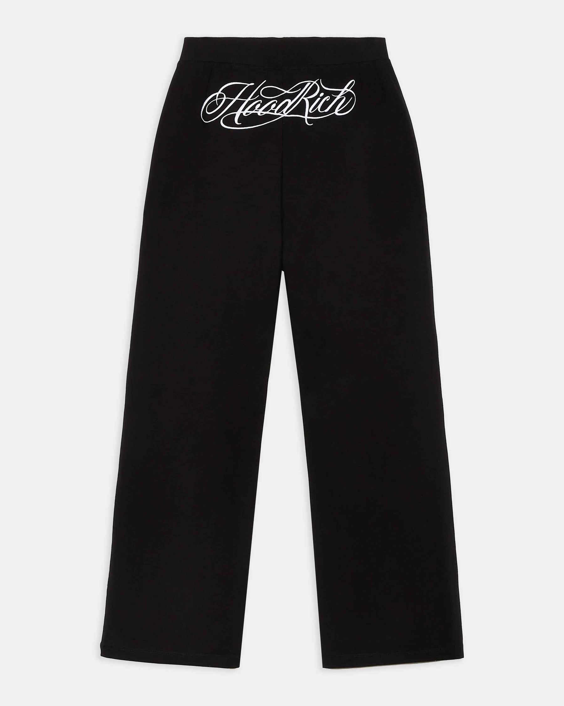 Black pants with 'Hoodrich' text on a white background