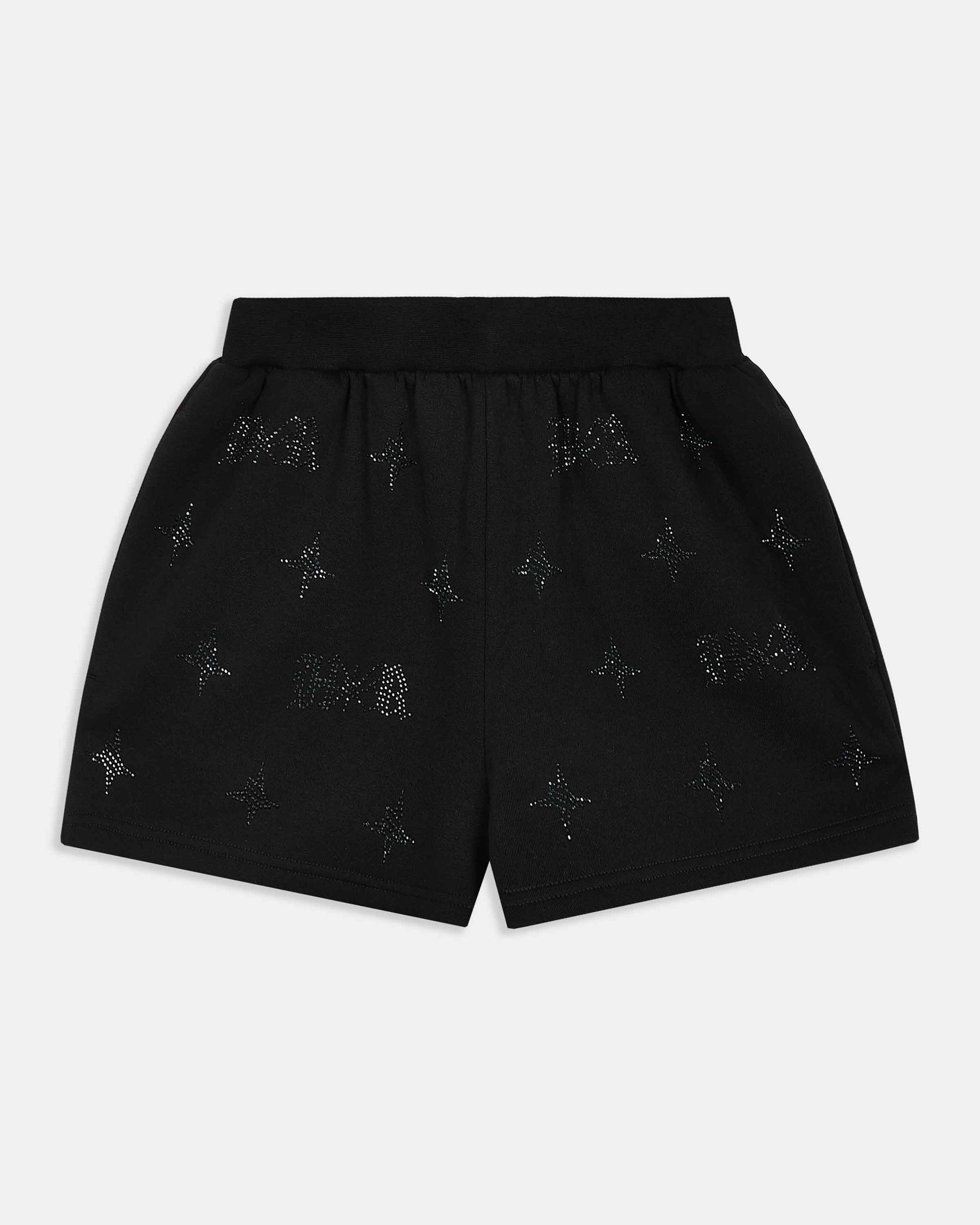 Black shorts with star pattern on a light gray background