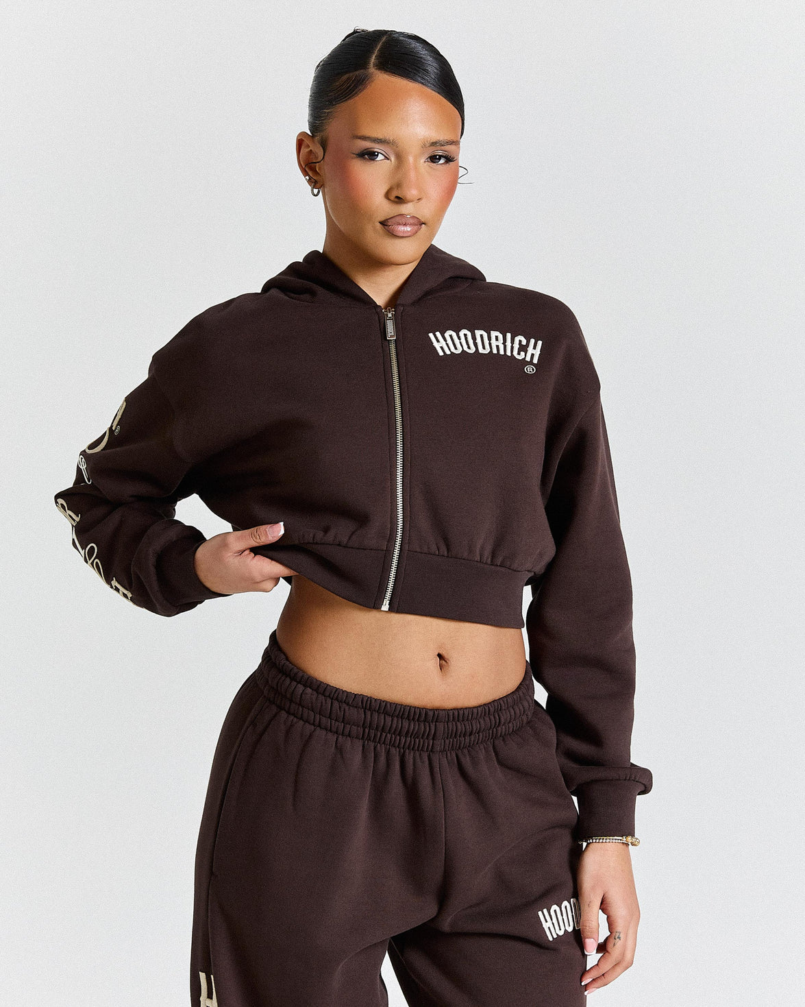 Calor Cropped Zip Hoodie - Brown/White