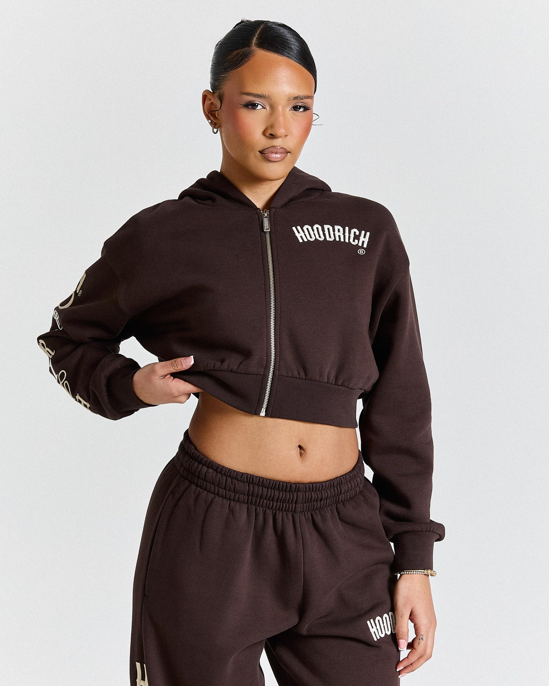 Calor Cropped Zip Hoodie - Brown/White