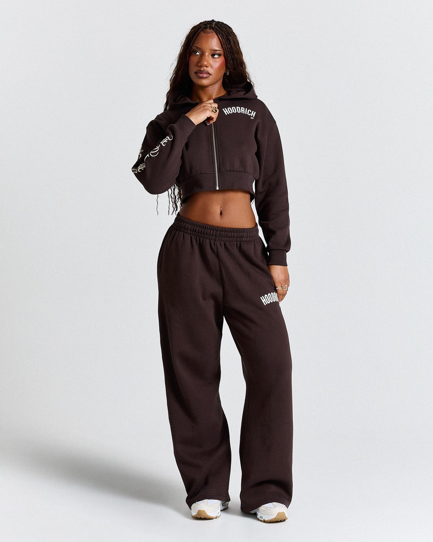 Calor Cropped Zip Hoodie - Brown/White