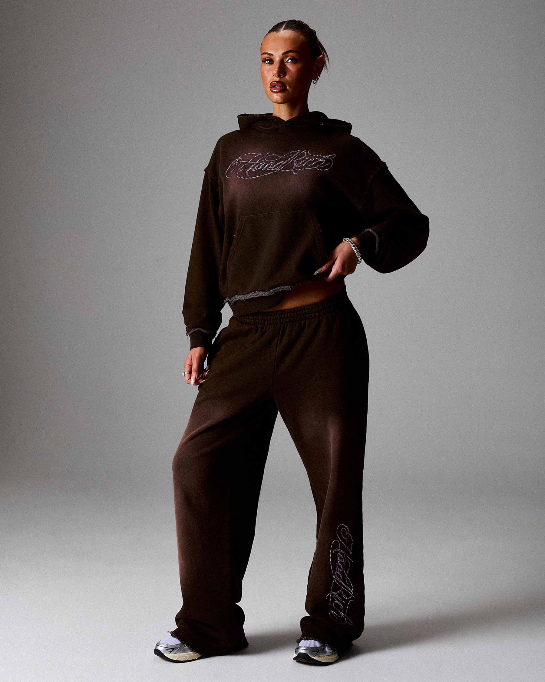 The Winner's Circle Amber Script Low Rise Oversized Wide Leg Joggers - Brown/Pink