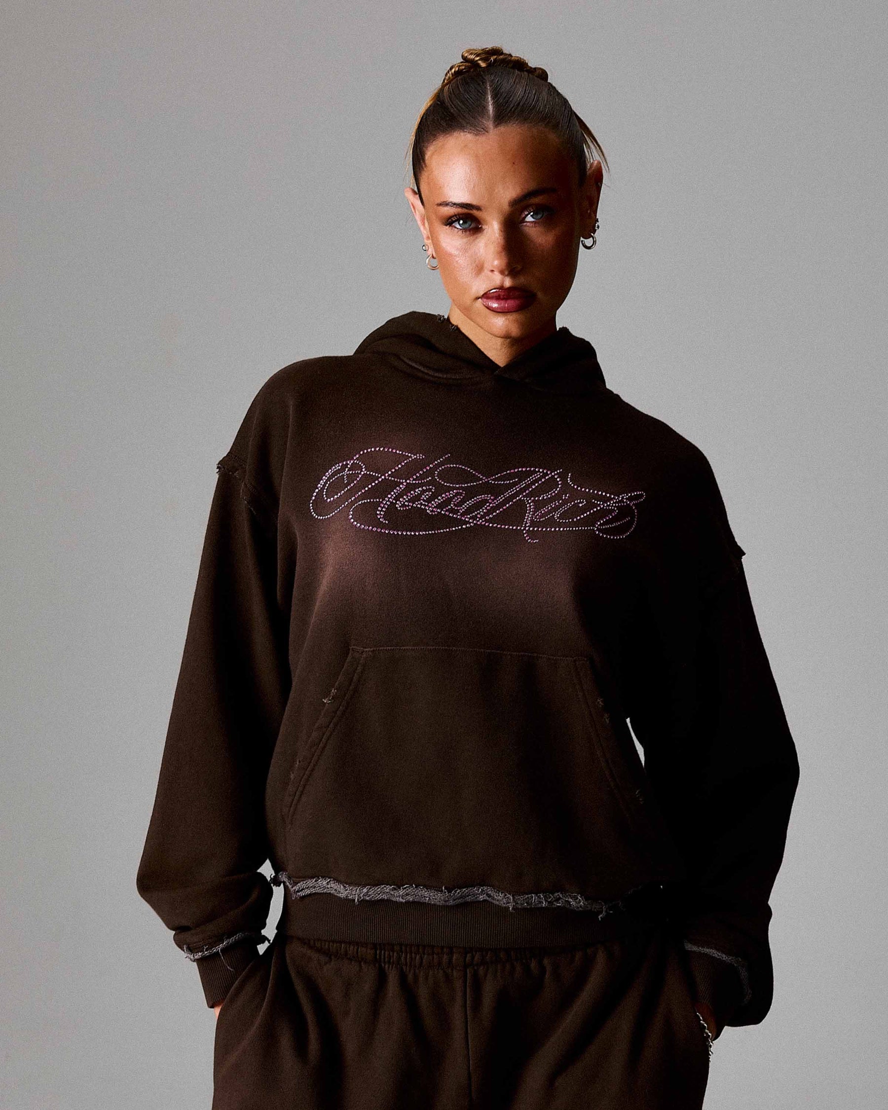The Winner's Circle Amber Script Mid Length Hoodie - Brown/Pink