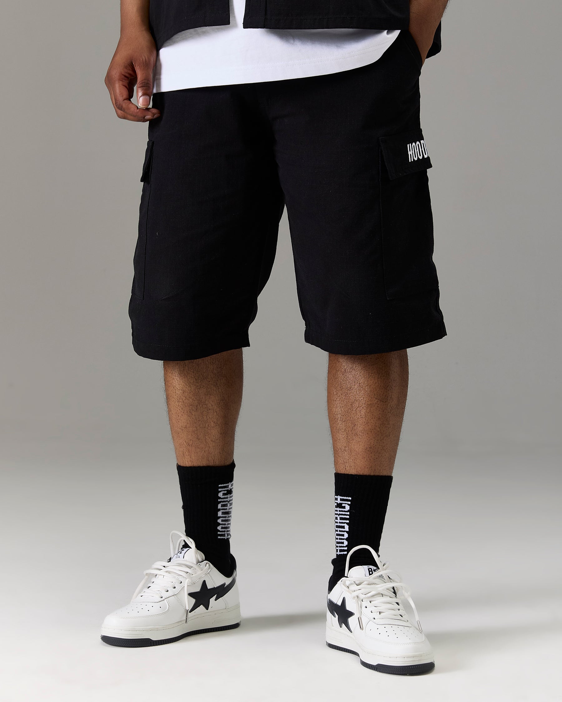 The Winner's Circle Ripstop Cargo Shorts - Black/White