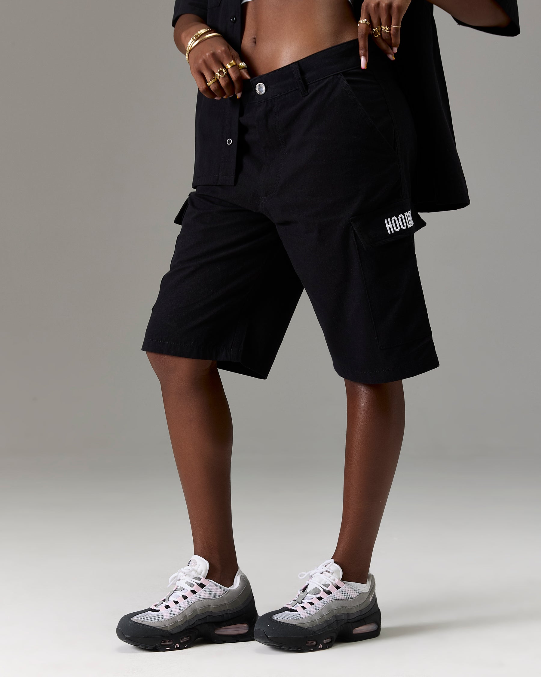 The Winner's Circle Ripstop Cargo Shorts - Black/White