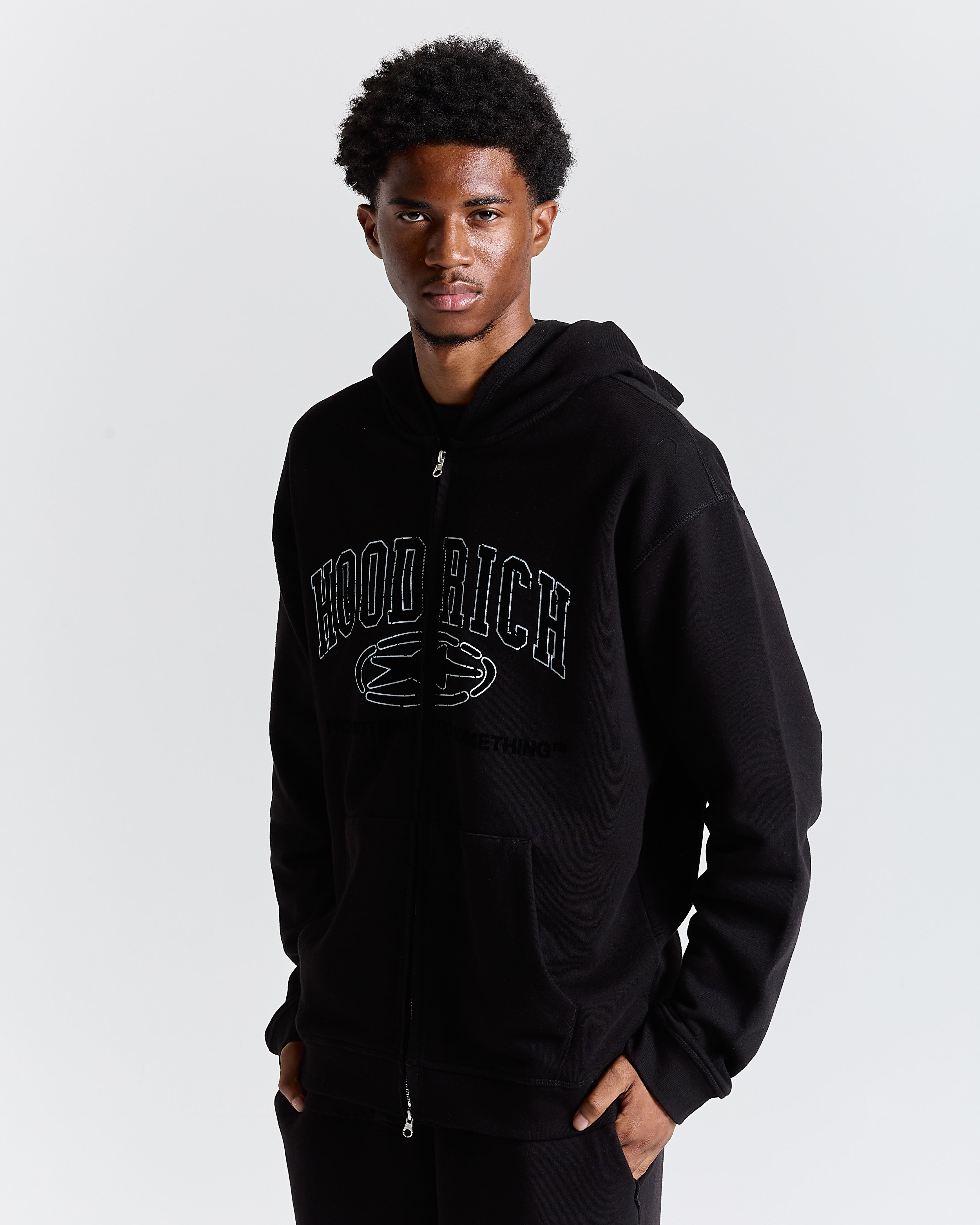 Fray Zip Relaxed Fit Hoodie - Black | Hoodrich UK