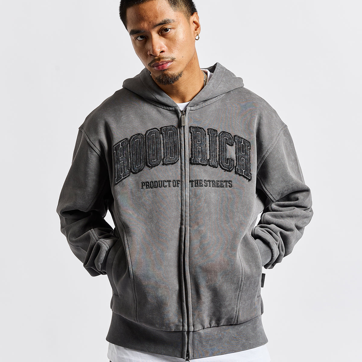 Cursed Oversized Zip Hoodie - Grey Wash/Black