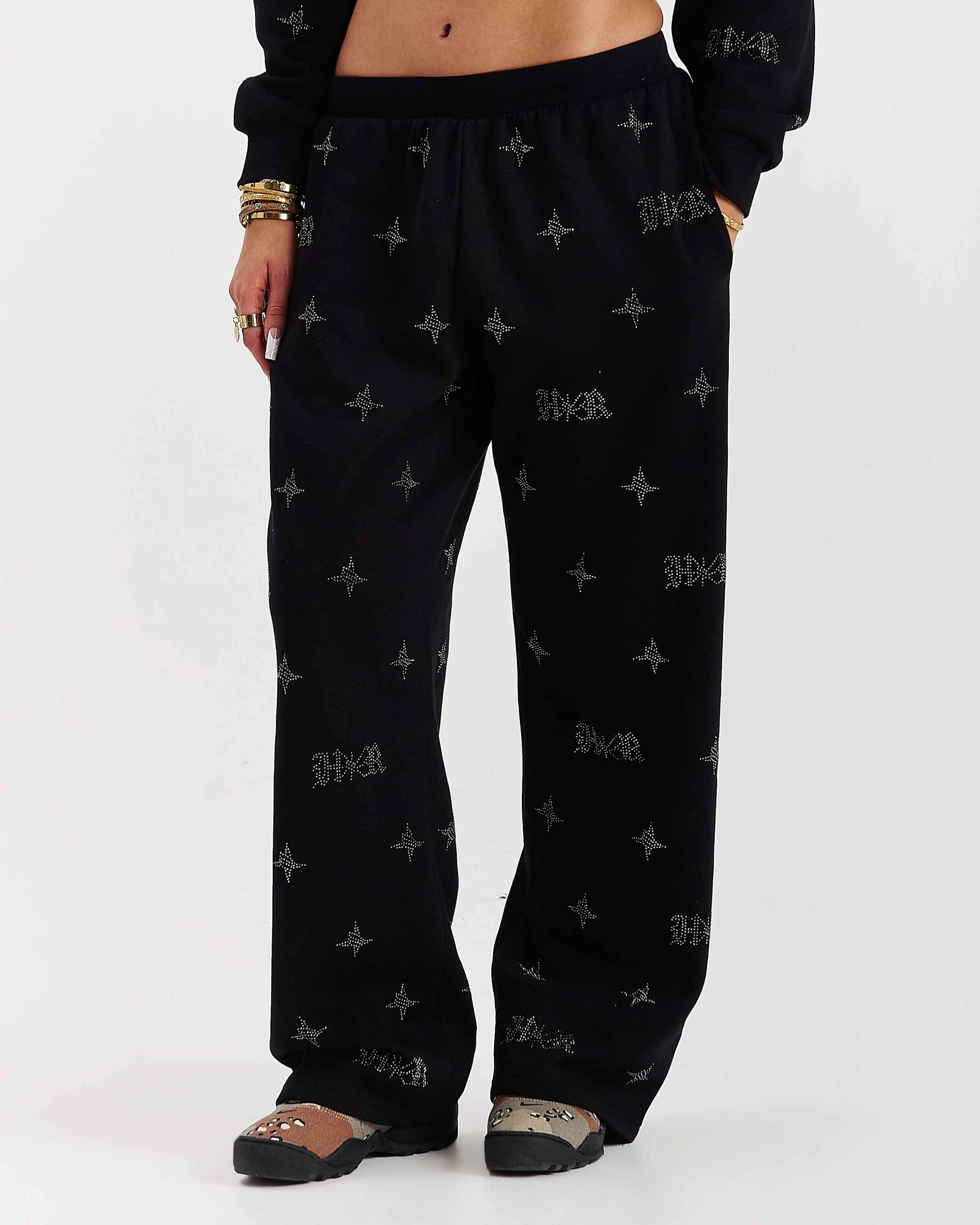 Razor Oversized Wide Leg Joggers - Black/Rhinestone