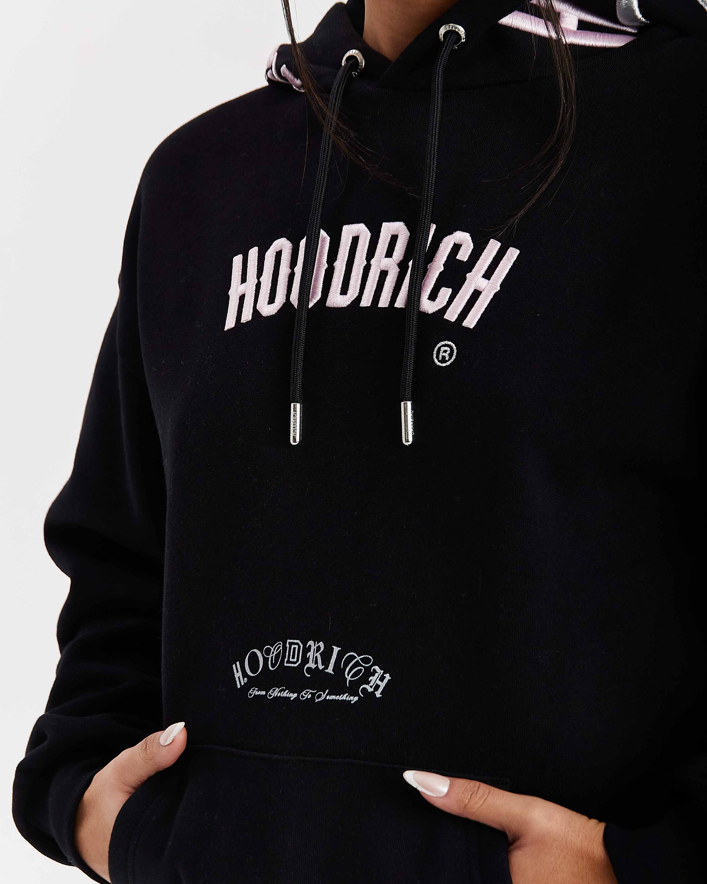 Black hoodie with 'HOODRICH' branding on a white background