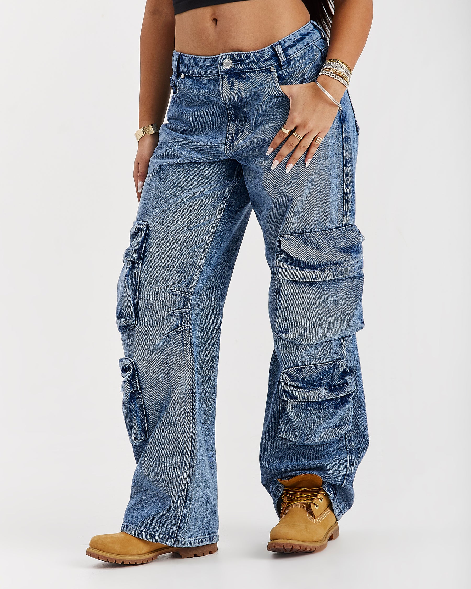 Token Wide Leg Cargo Jeans - Washed Mid Blue
