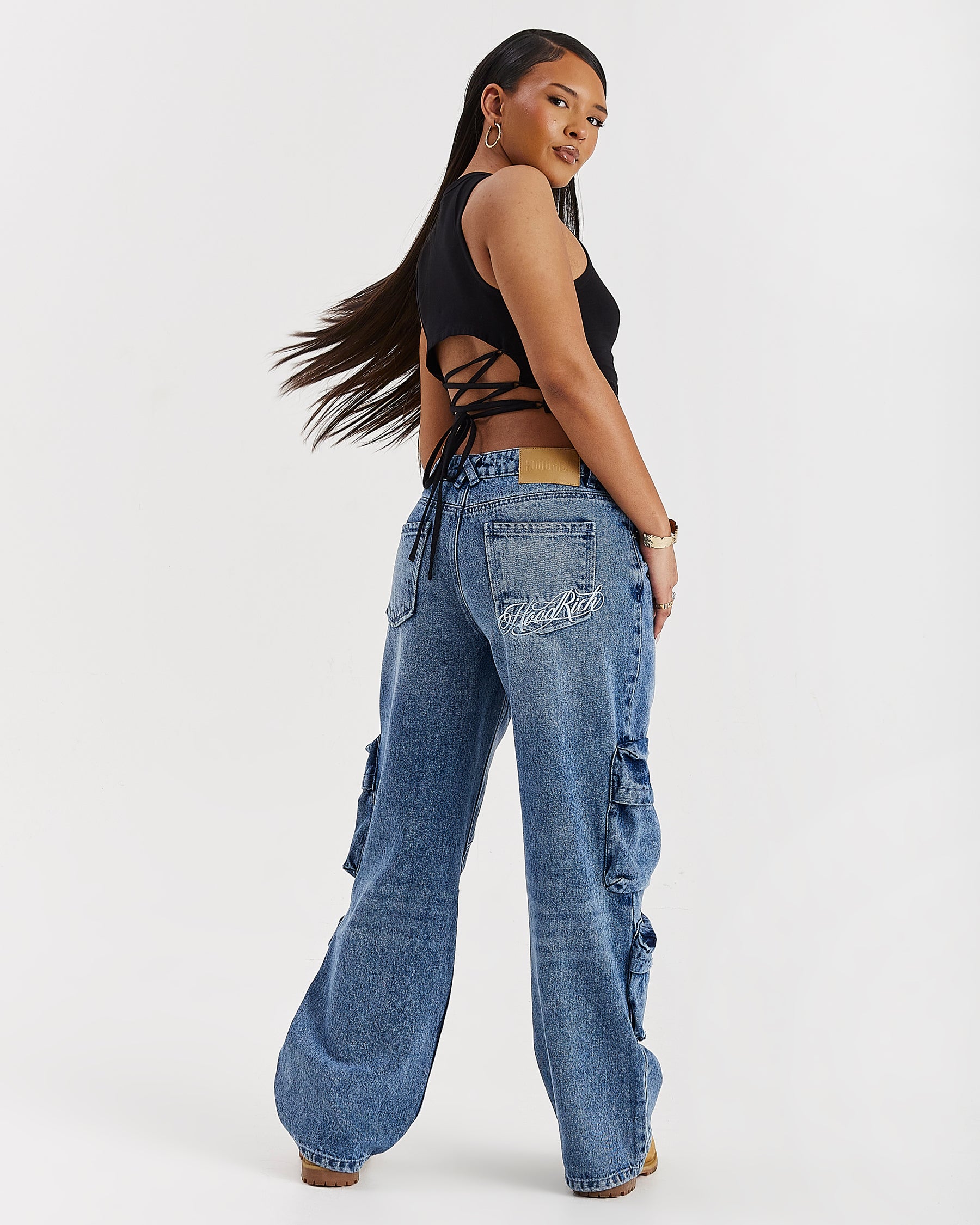Token Wide Leg Cargo Jeans - Washed Mid Blue