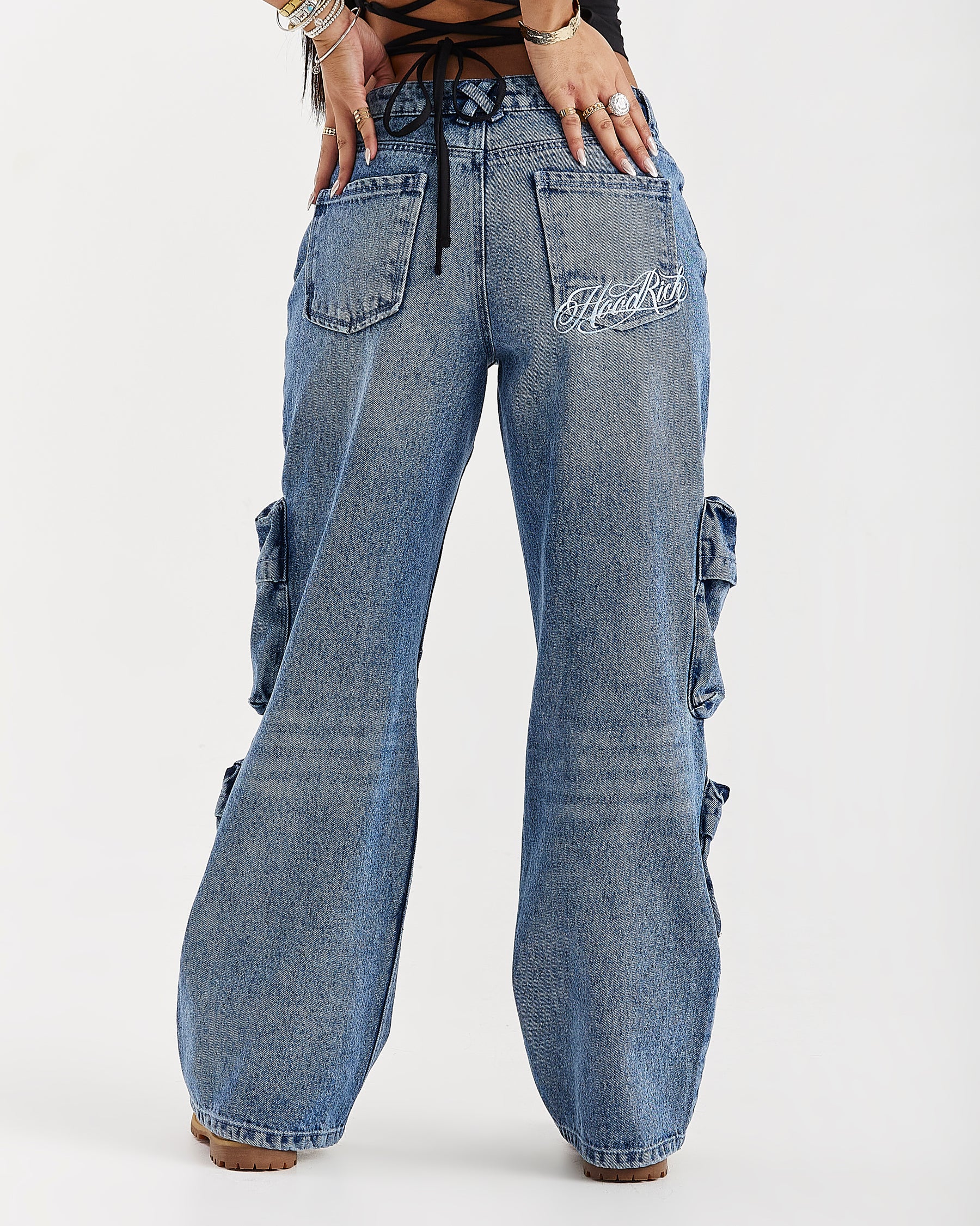 Token Wide Leg Cargo Jeans - Washed Mid Blue