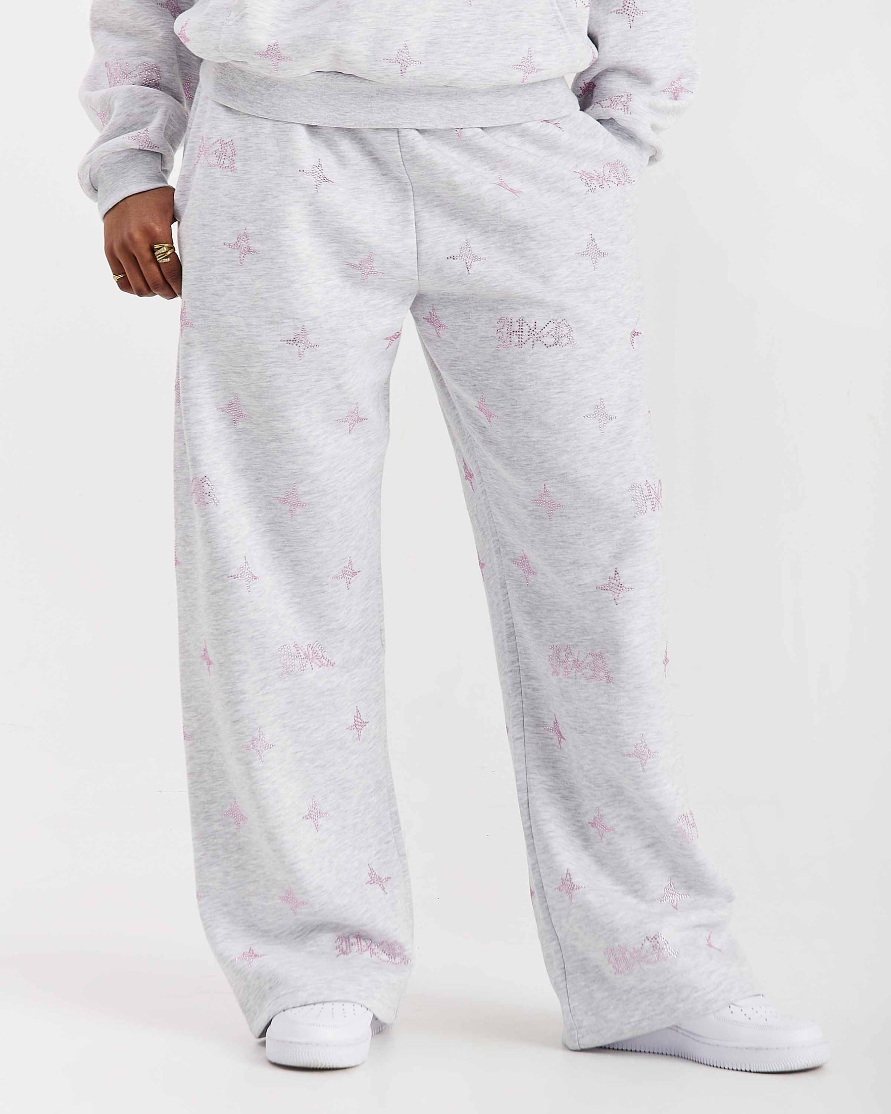 Razor Oversized Wide Leg Joggers - Light Grey/Rhinestone