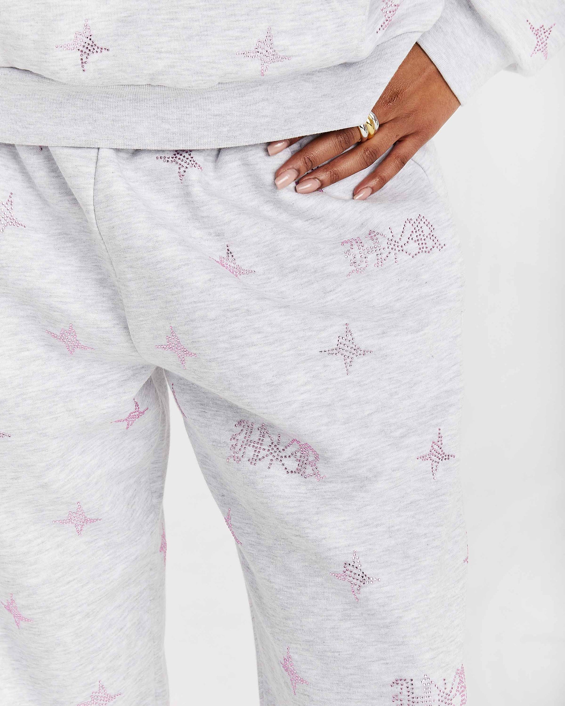 Razor Oversized Wide Leg Joggers - Light Grey/Rhinestone