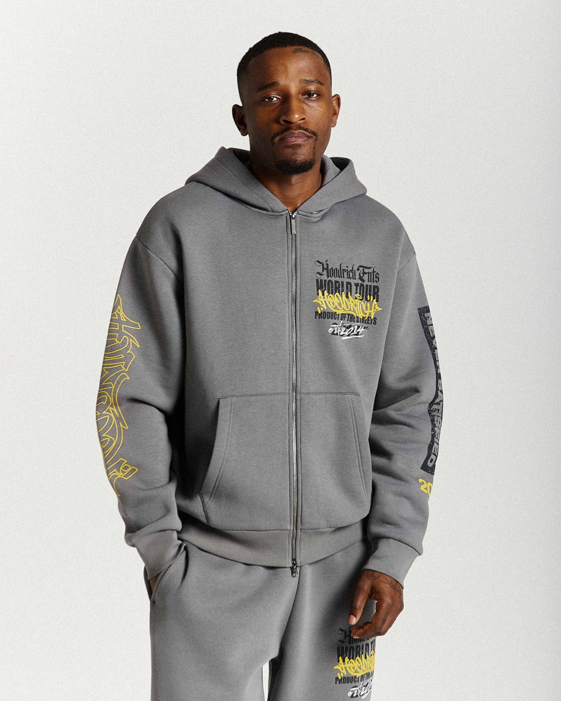 Stamp Tour Oversized Zip Hoodie - Grey/Black/Yellow