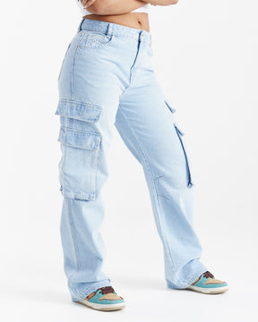 Script Cargo Relaxed Jeans - Light Blue