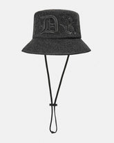 Denim bucket hat with applique PU logo saying 'Hoodrich'