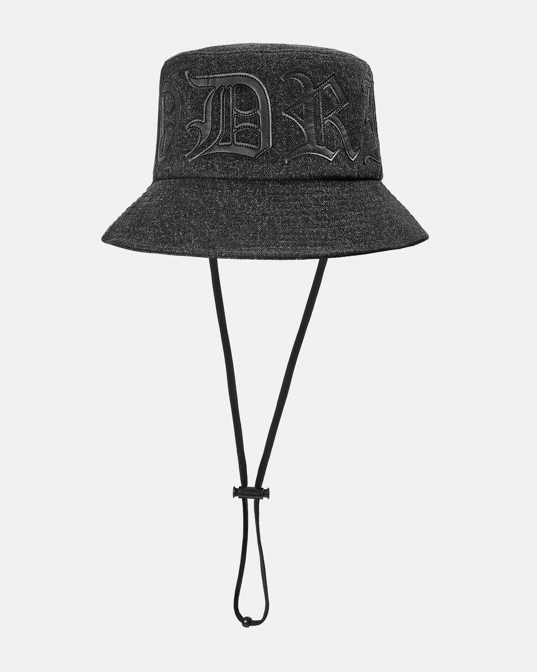 Denim bucket hat with applique PU logo saying 'Hoodrich'