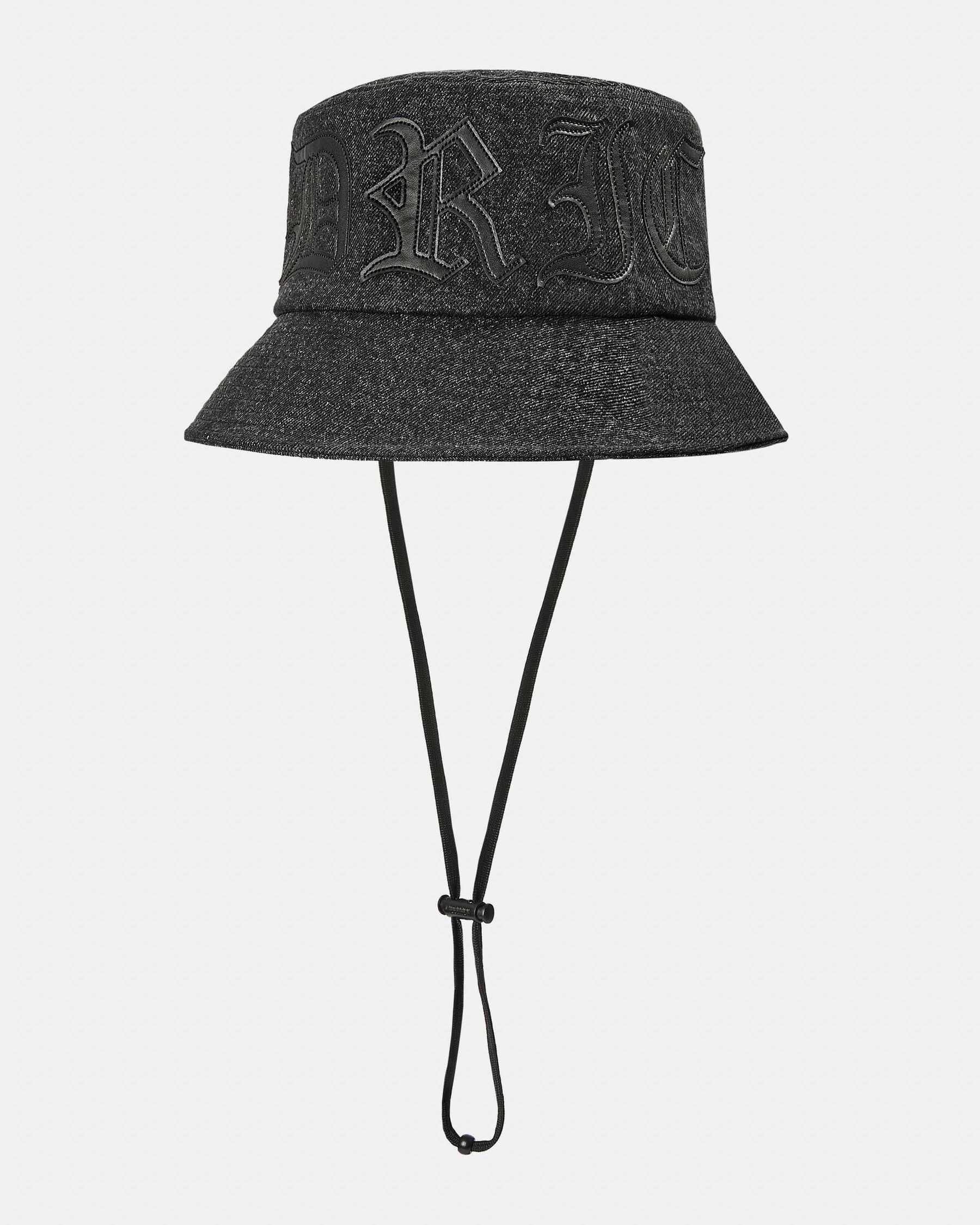 Denim bucket hat with applique PU logo saying 'Hoodrich'