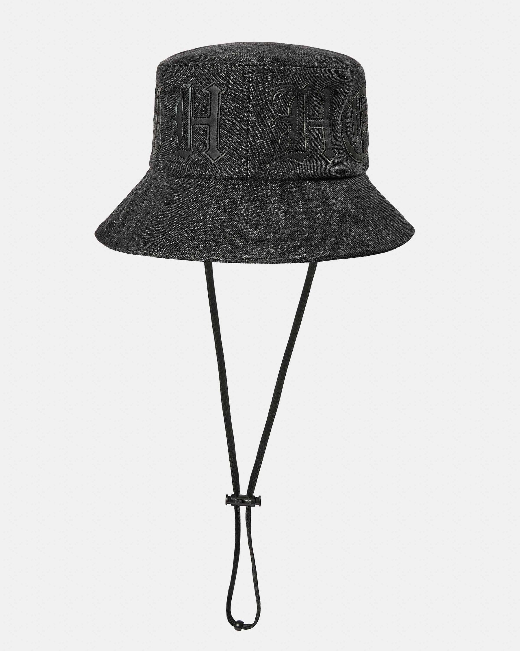 Denim bucket hat with applique PU logo saying 'Hoodrich' with a chin strap