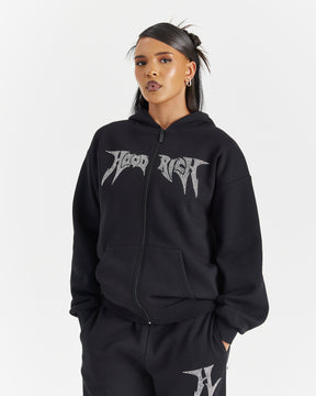 Lustre Oversized Zip Hoodie - Black/Rhinestone