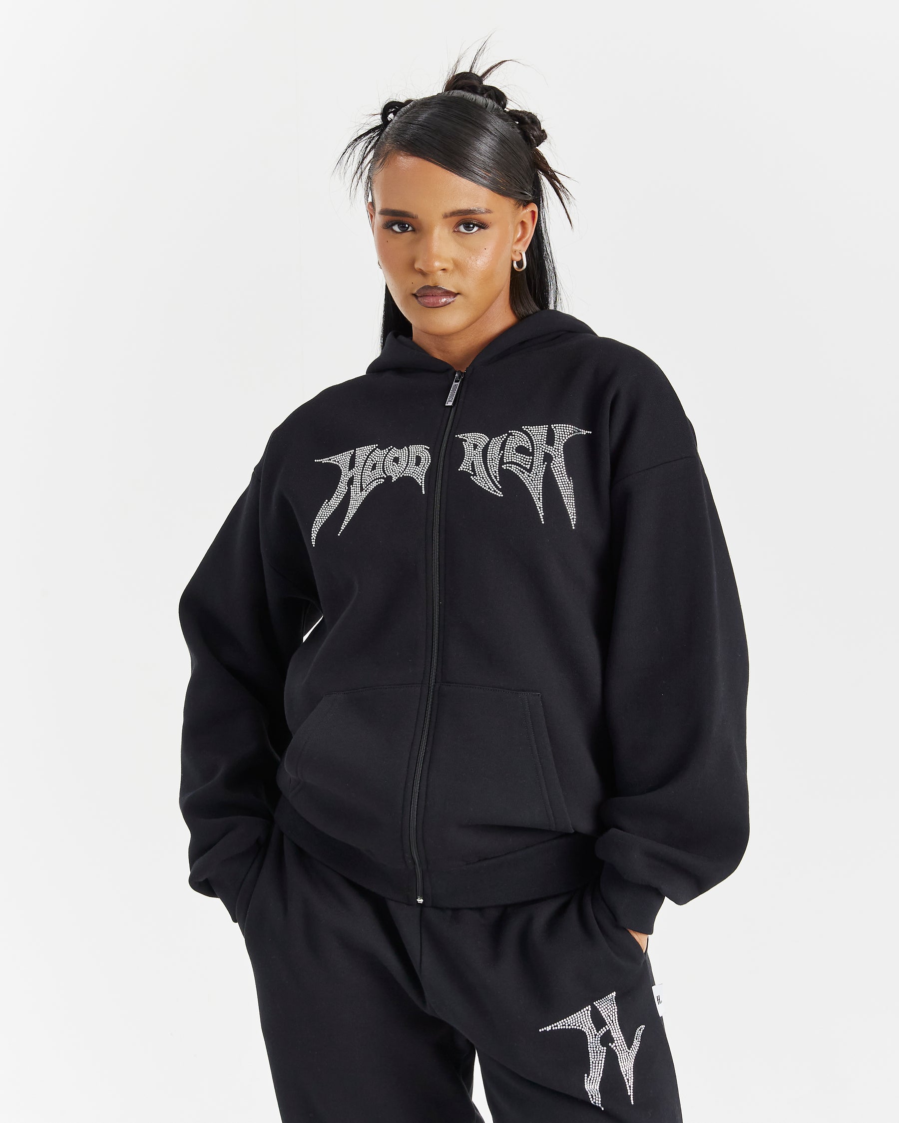 Lustre Oversized Zip Hoodie - Black/Rhinestone