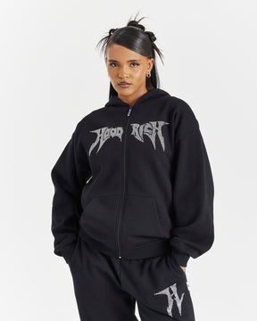 Lustre Oversized Zip Hoodie - Black/Rhinestone