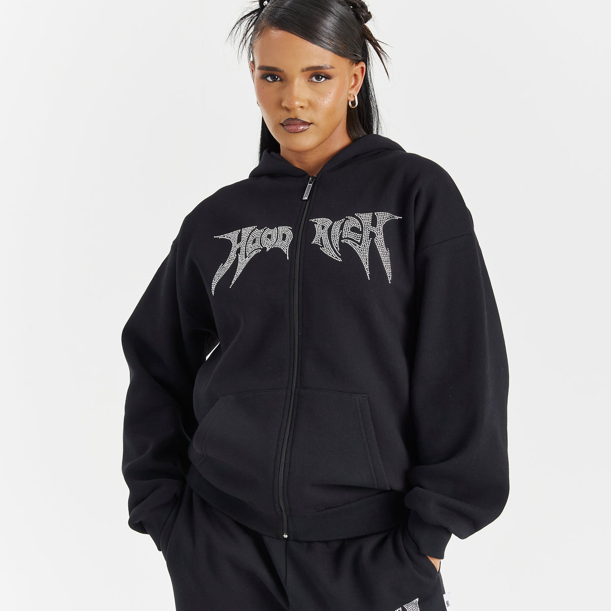 Lustre Oversized Zip Hoodie - Black/Rhinestone