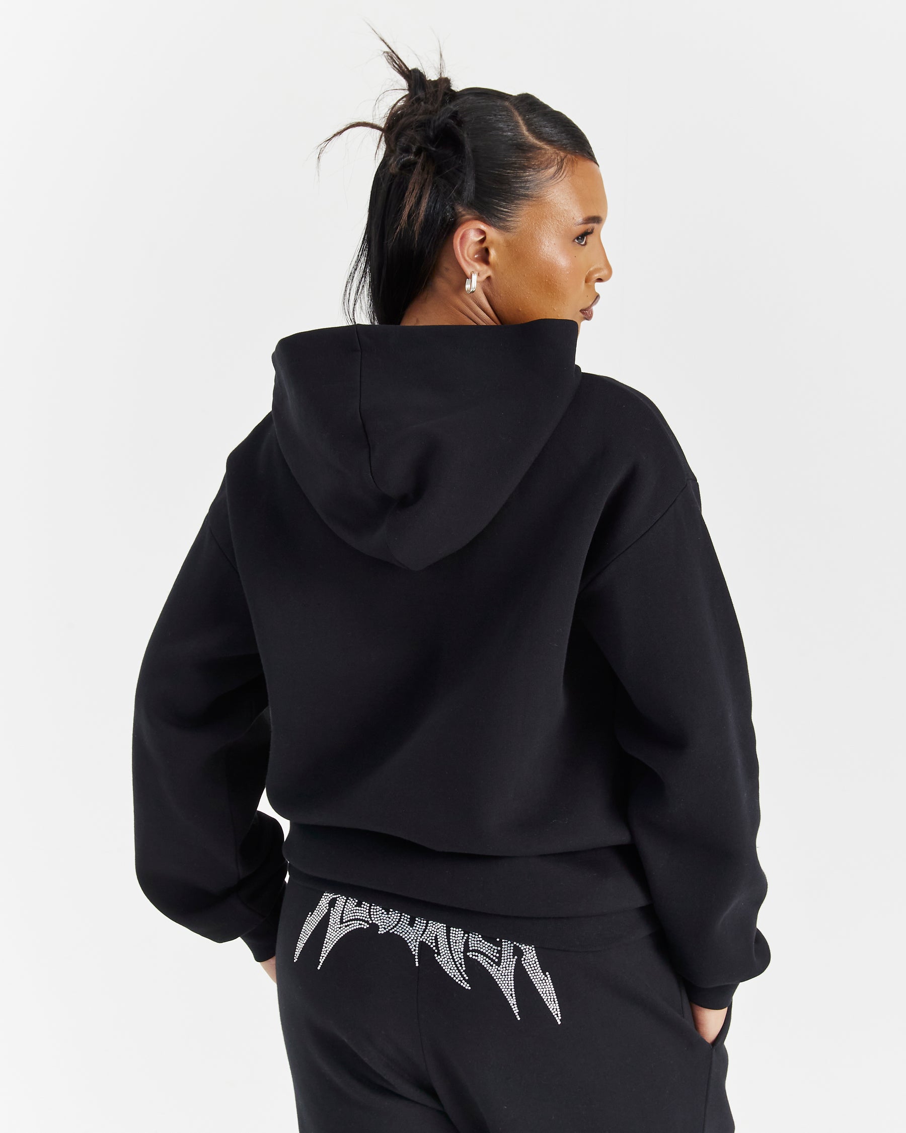 Lustre Oversized Zip Hoodie - Black/Rhinestone