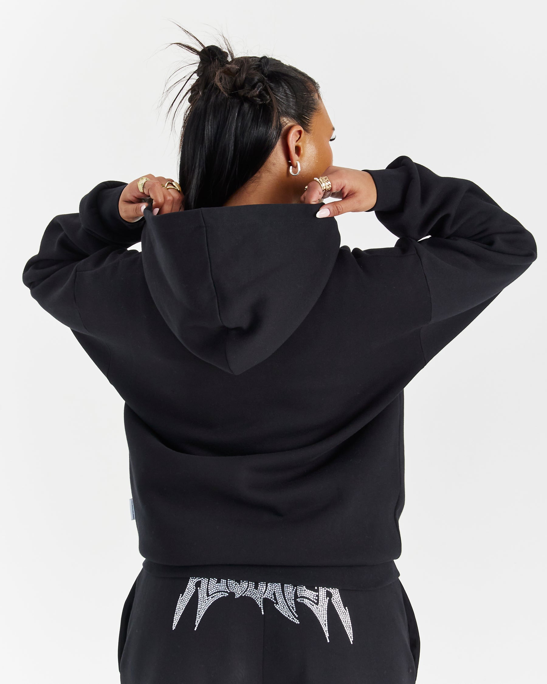 Lustre Oversized Zip Hoodie - Black/Rhinestone